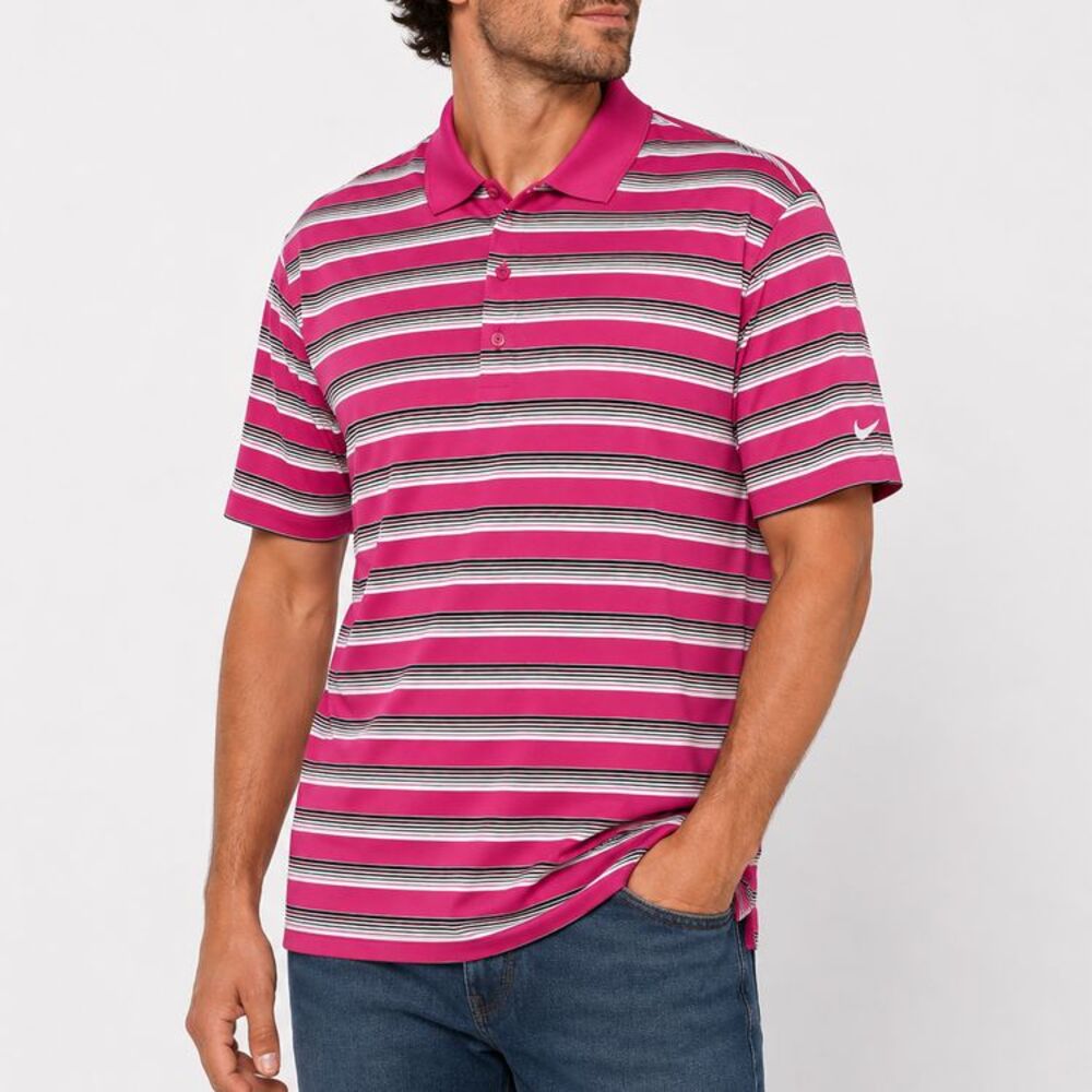Nike Golf Dri-FIT Polo Shirt Mens Large Pink Striped Performance Golf Polo Sport
